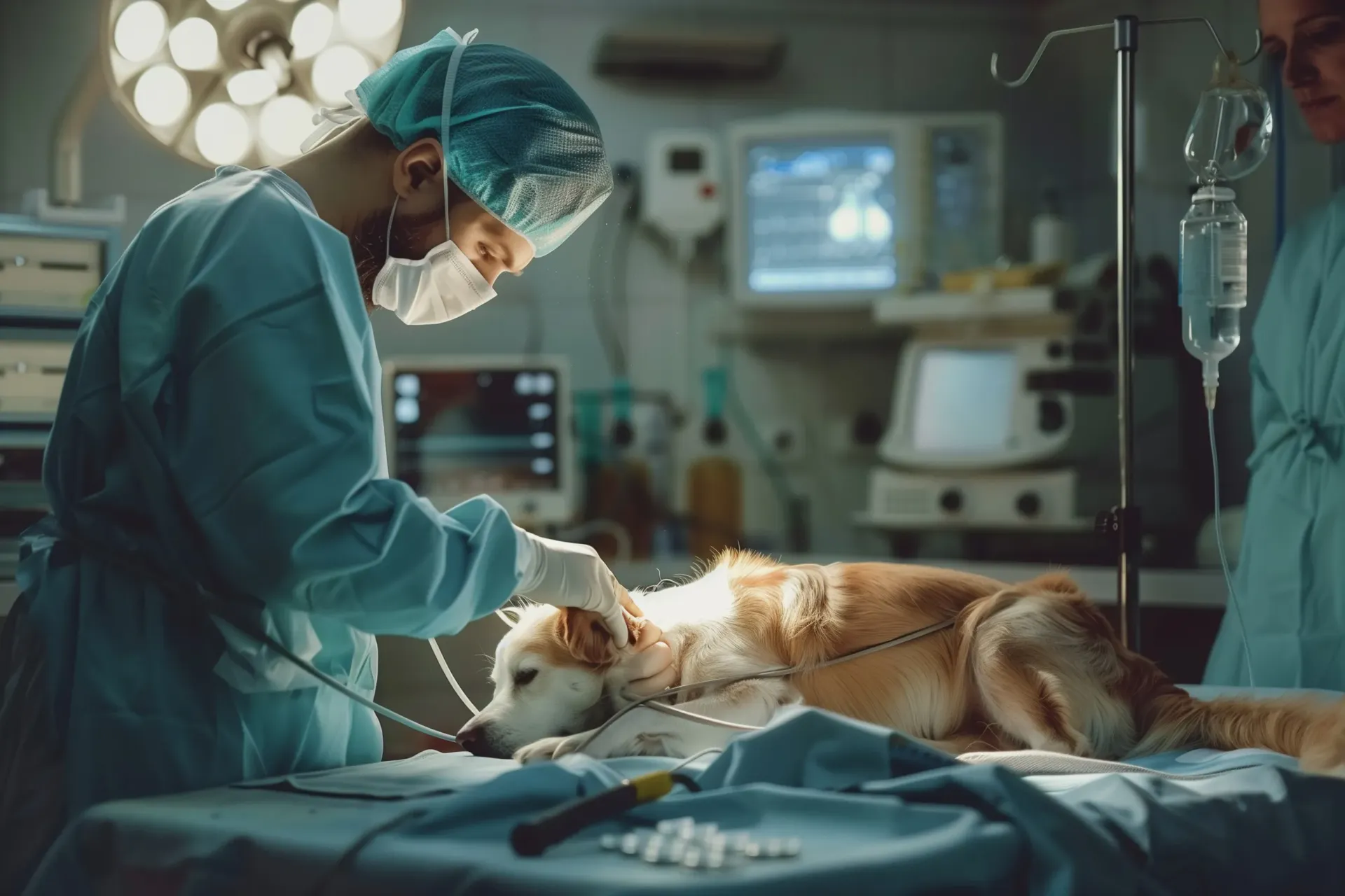 Un veterinario vestido de azul opera a un golden retriever sedado en una sala quirúrgica estéril.