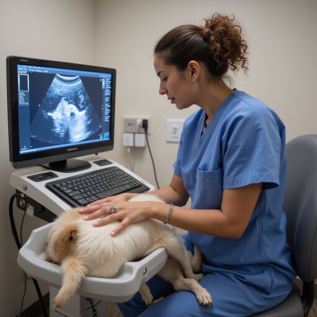 Un veterinario con uniforme azul examina a un perro con una ecografía y mira un monitor en una clínica.