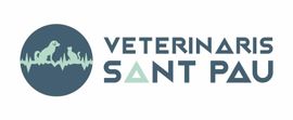 Logotipo para Veterinaria Sant Pau: siluetas de perro y gato, círculo verde azulado, texto.