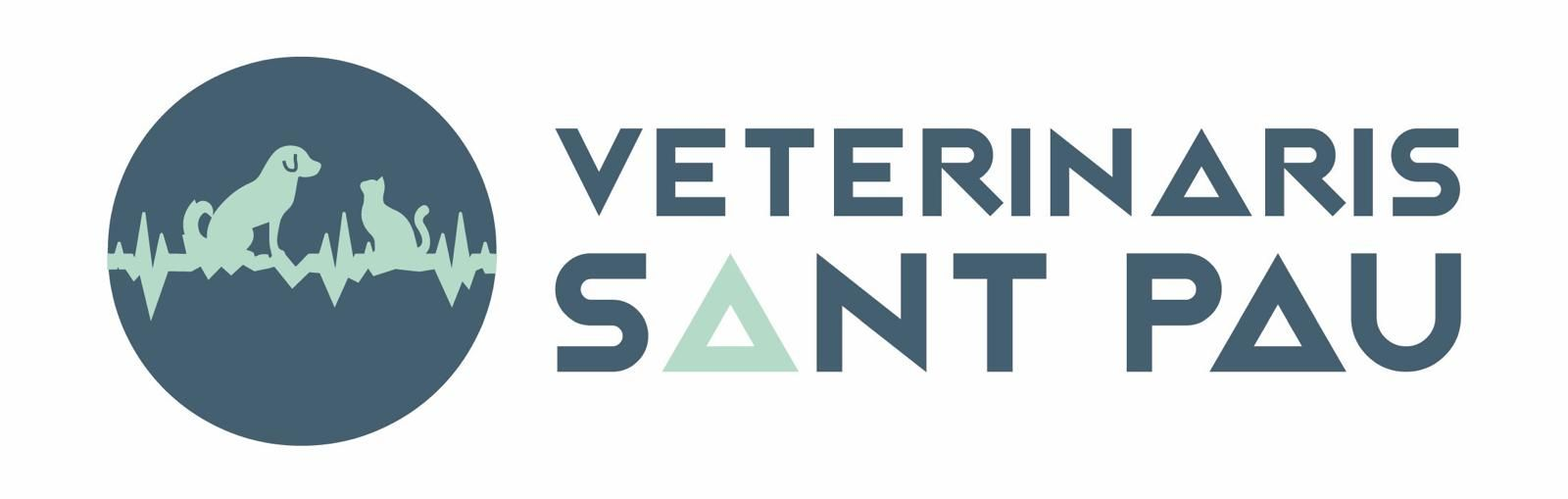 Logotipo para Veterinaria Sant Pau: siluetas de perro y gato, círculo verde azulado, texto.