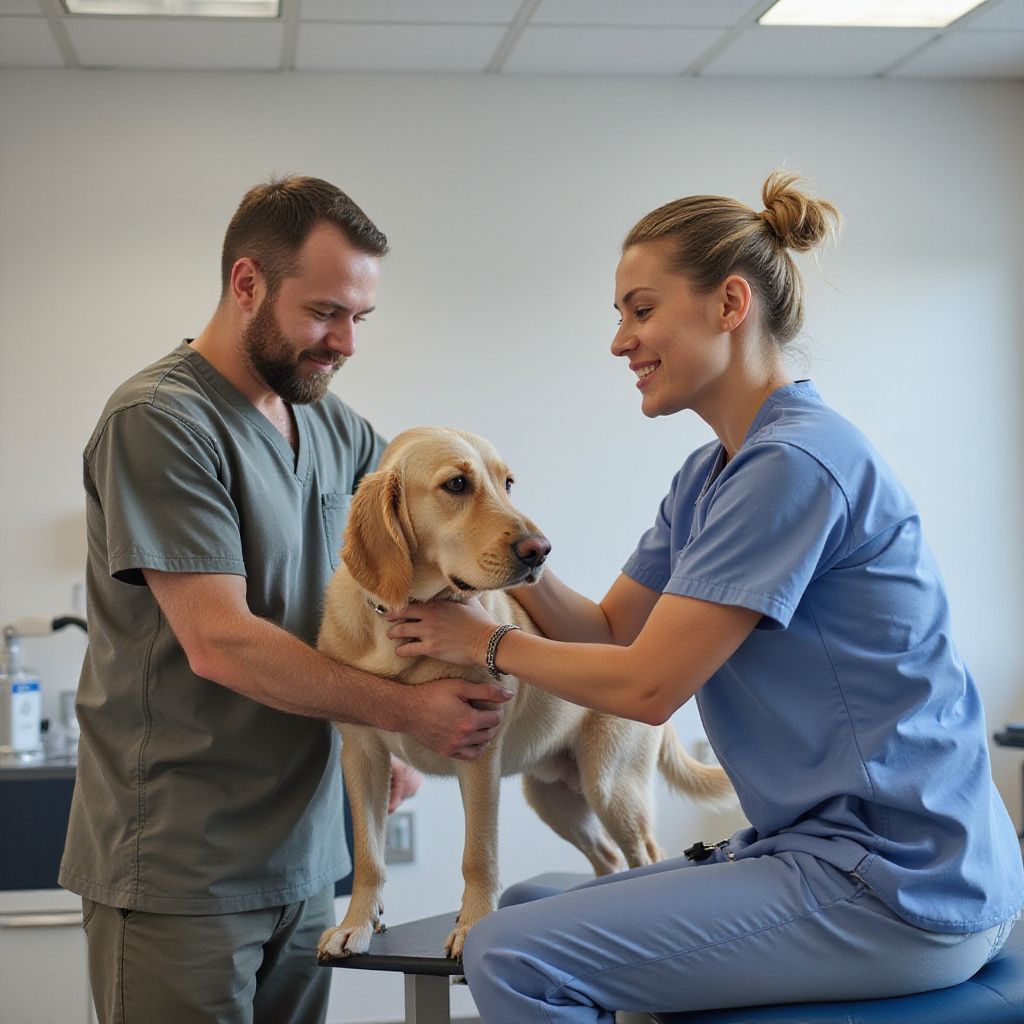 Un veterinario y un asistente examinan un laboratorio amarillo en una mesa de examen médico; entorno clínico interior.