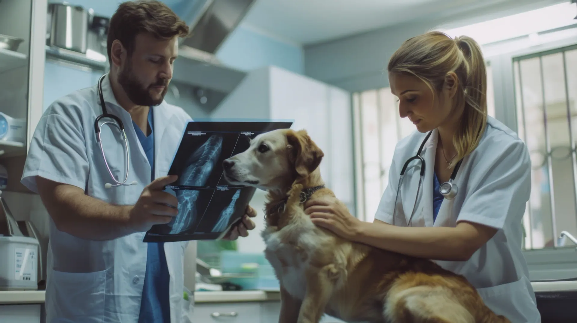 Veterinarios examinando una radiografía de la pata de un perro en una clínica.