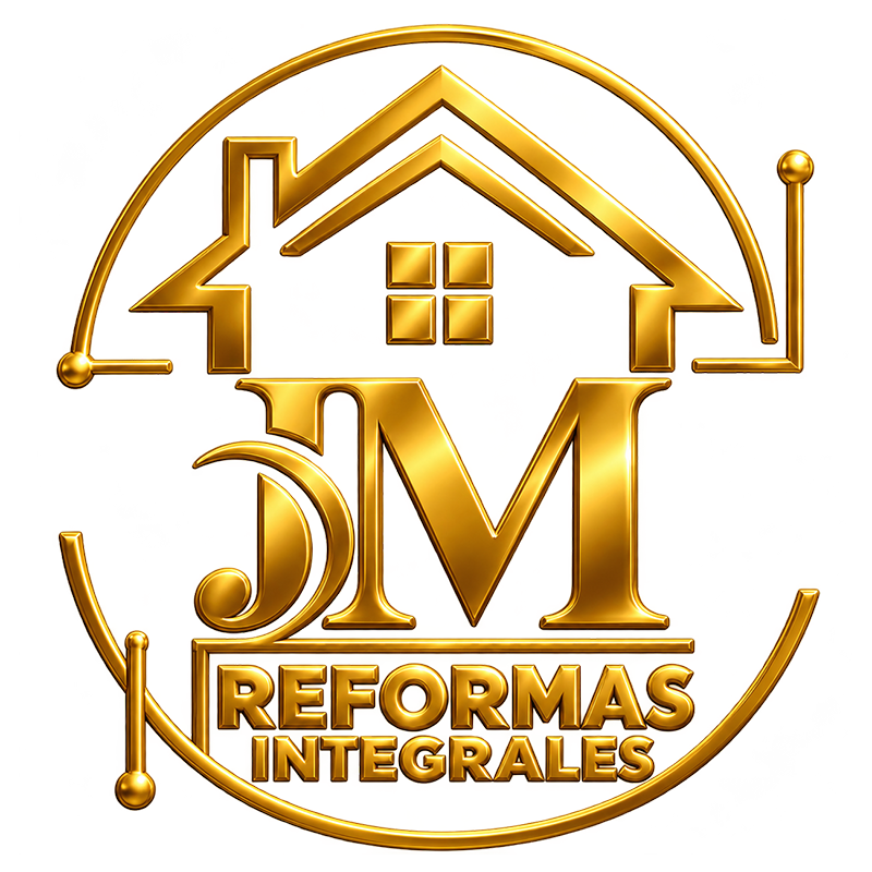 Logotipo dorado de “JM Reformas Integrales” para reformas integrales del hogar, con icono de tejado y marco circular