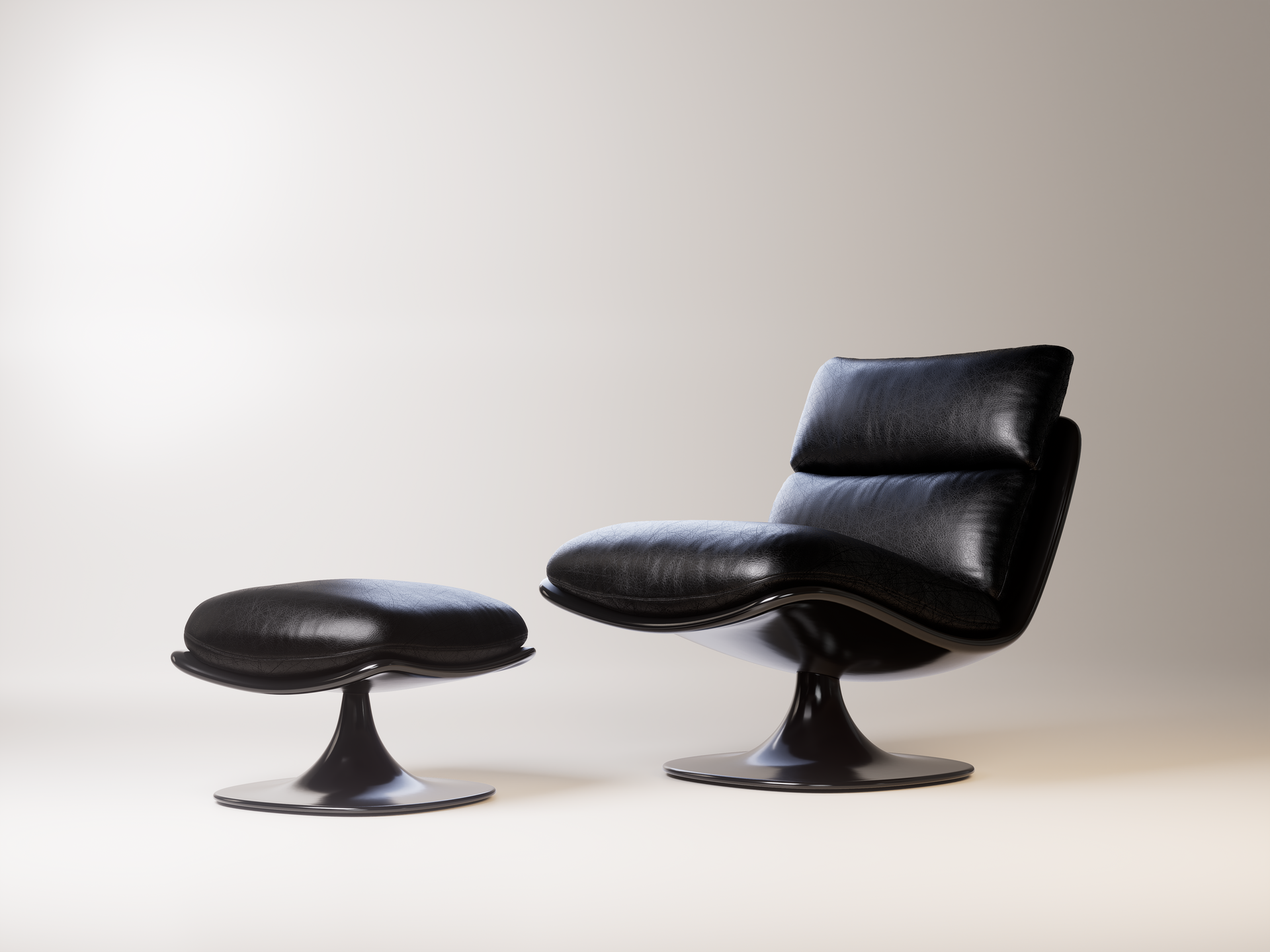 Schwarzer Lederdrehstuhl mit passendem Ottoman.