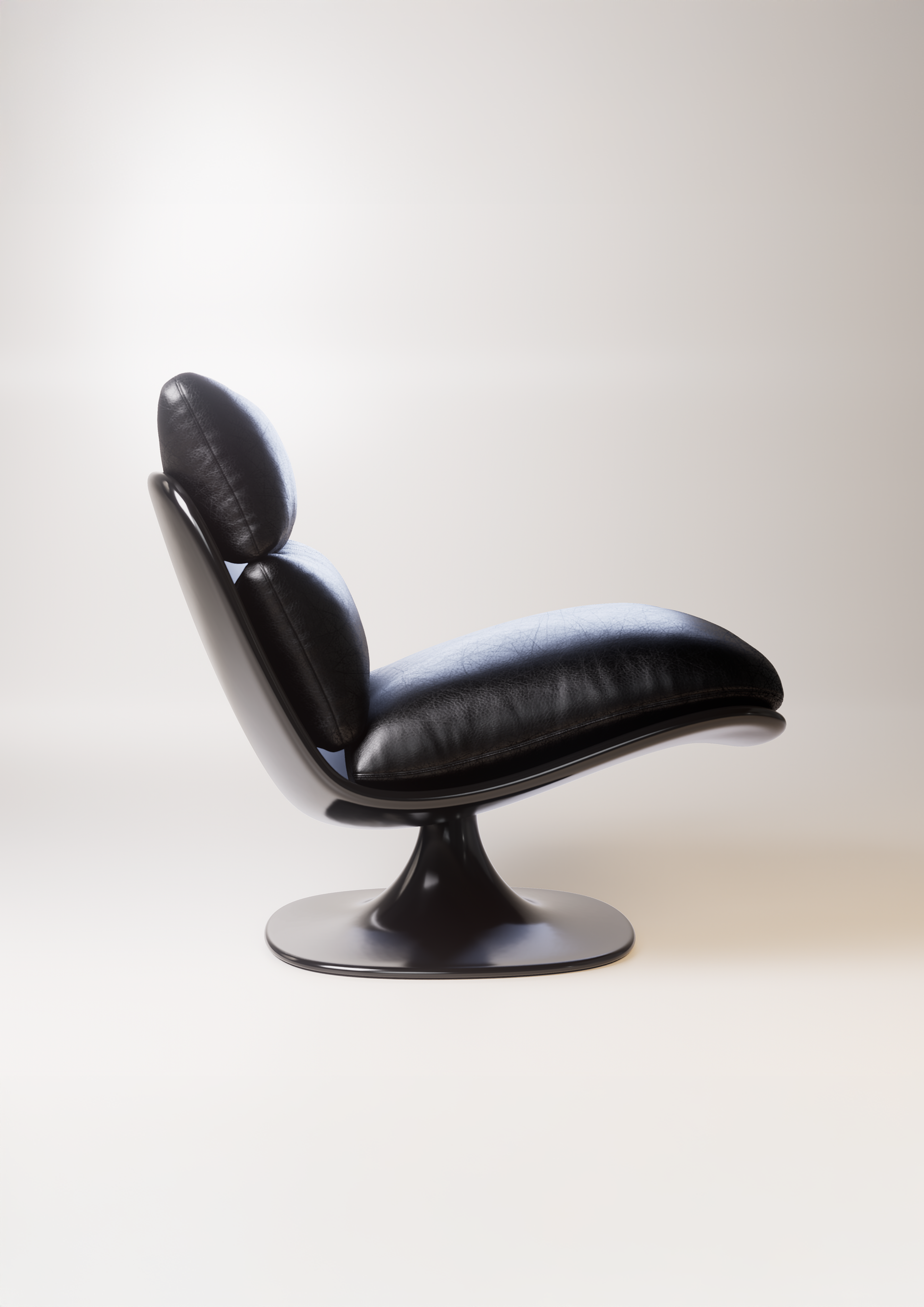 Schwarzer Leder-Loungesessel mit runder Basis vor weißem Hintergrund.