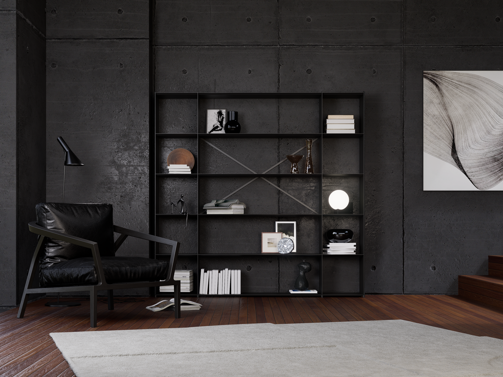 Schwarzes modernes Wohnzimmer mit Sessel, Bücherregalen und abstrakten Kunstwerken.