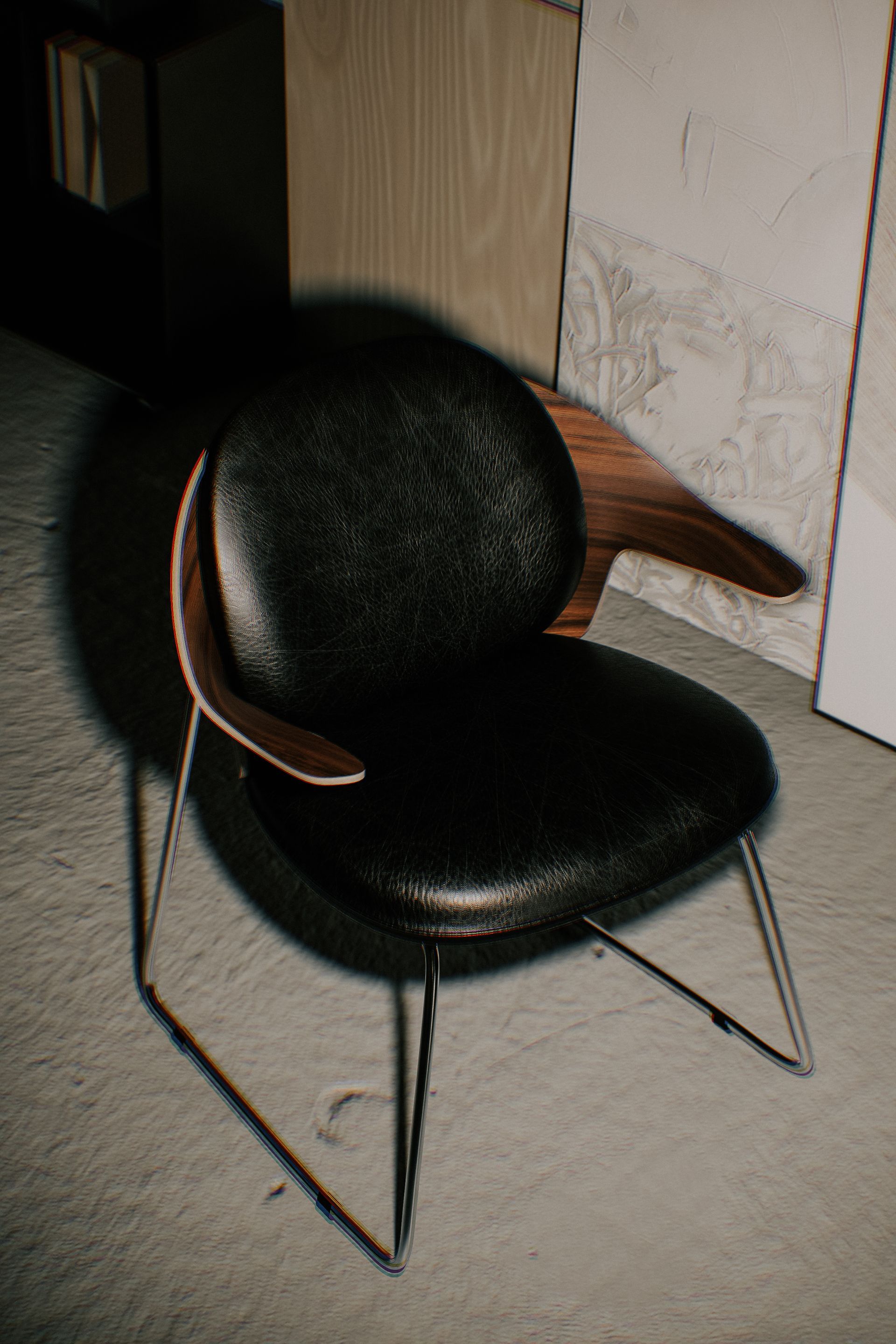 Schwarzer Ledersessel mit Holzarmlehnen und Chrombeinen.