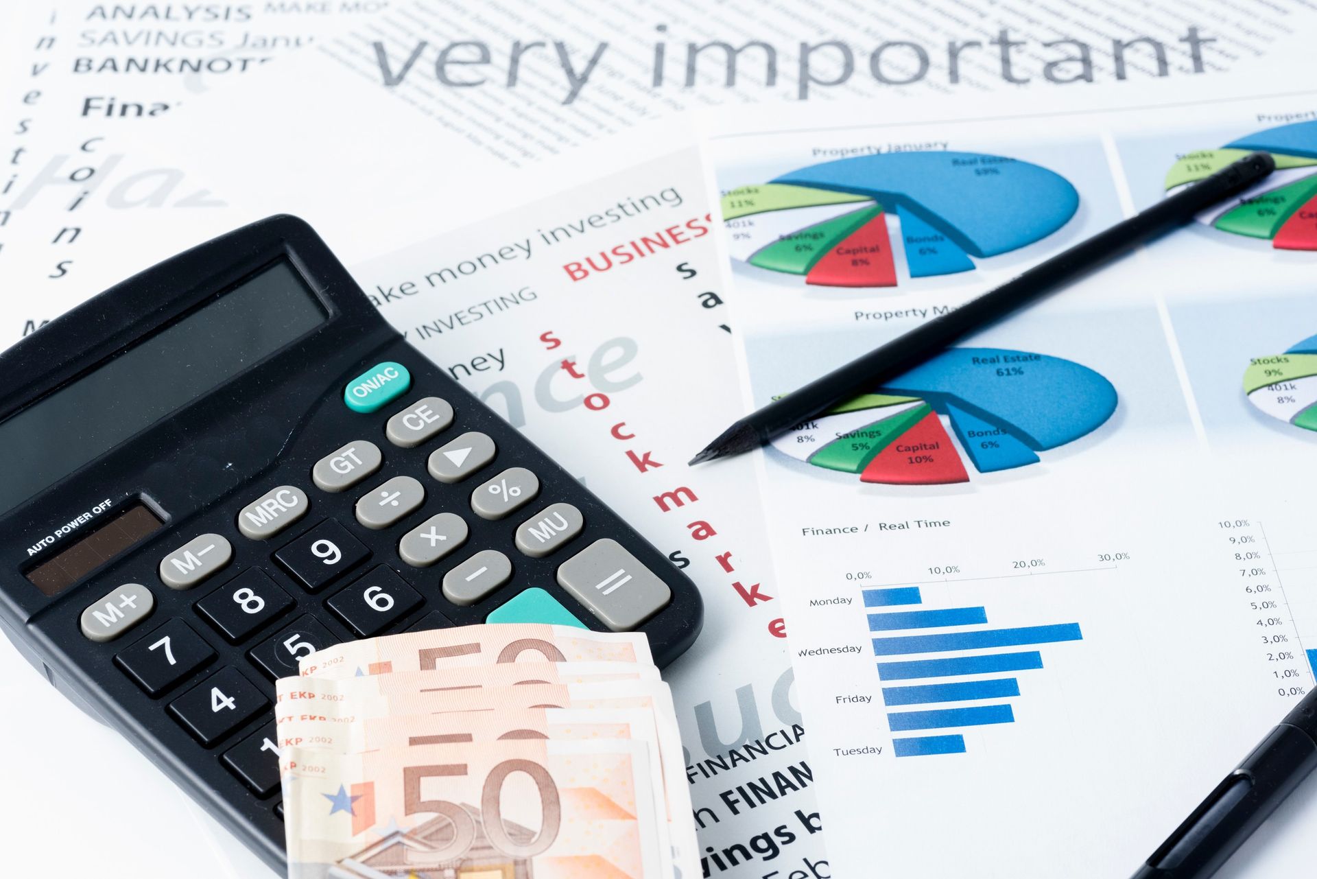 Calculadora, dinero y gráficos financieros, que sugieren presupuestos o planificación de inversiones.