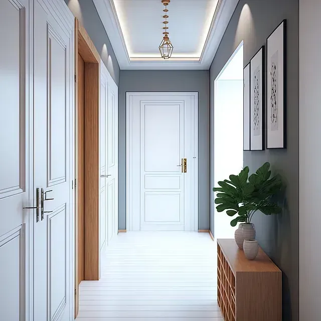Pasillo moderno con puertas blancas, paredes grises, tragaluz y un armario de madera con una planta en maceta.