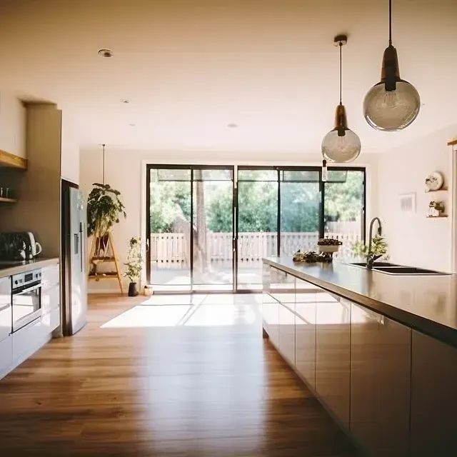 Cocina moderna y luminosa con suelos de madera, isla central, lámparas colgantes y puertas correderas.