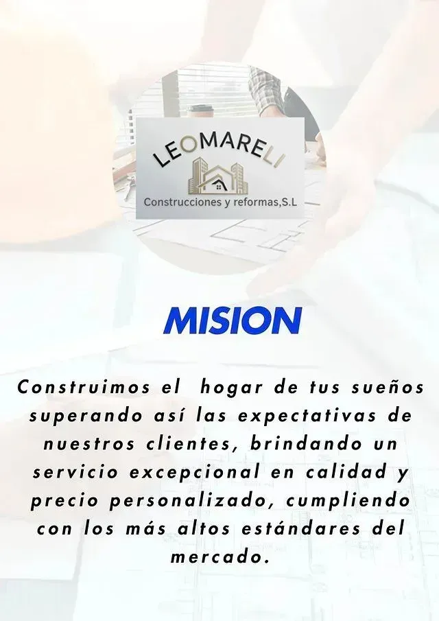 Logo de Leomare y misión: “superar las expectativas del cliente” con servicio personalizado.