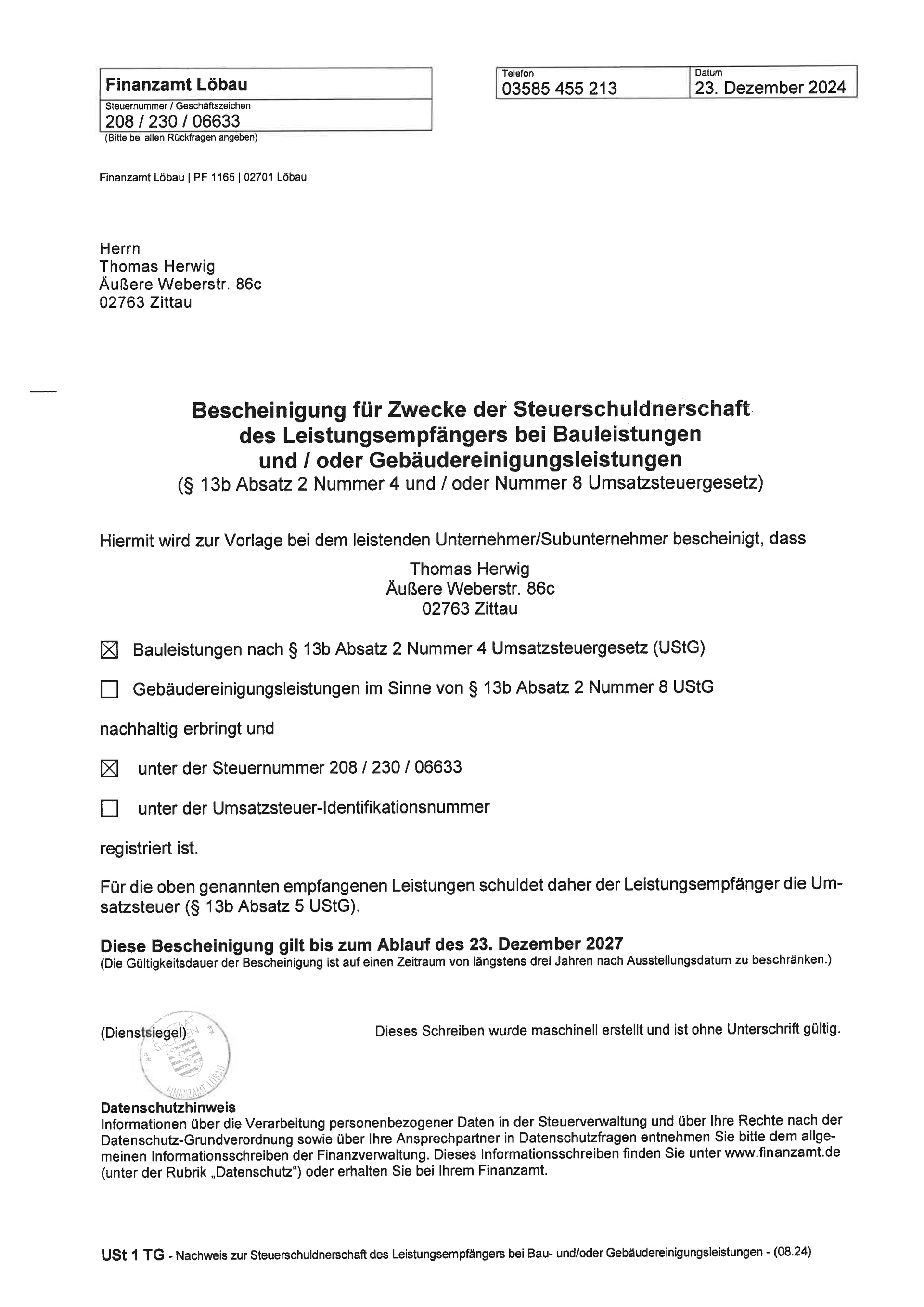 Dokument mit deutschem Text, wahrscheinlich eine formelle Mitteilung oder ein juristisches Dokument.