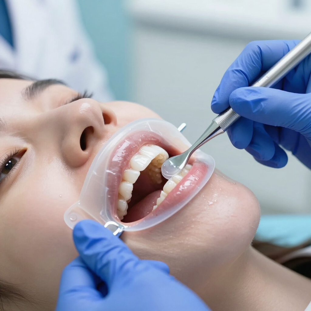 Odontólogo utilizando herramientas para examinar la boca abierta de un paciente con un retractor de mejillas y guantes azules.