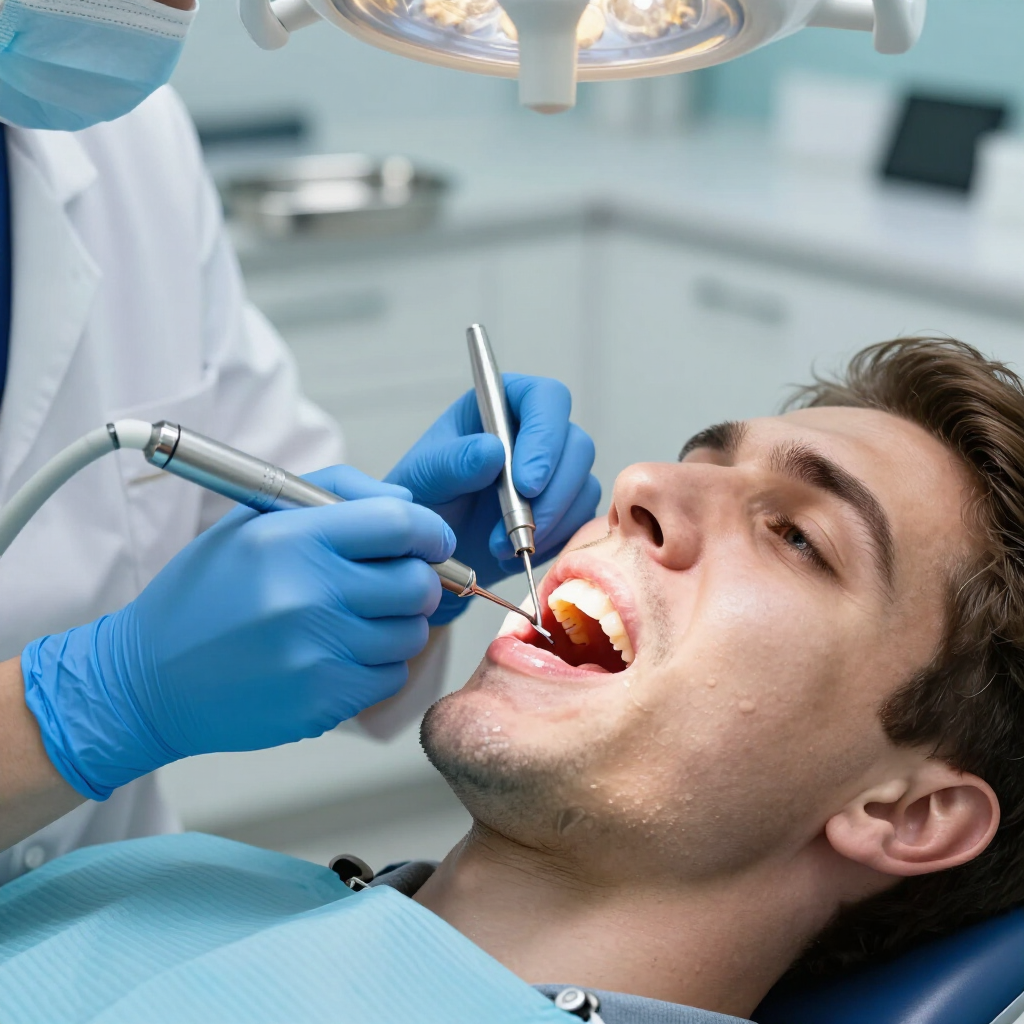 Dentista utilizando instrumentos en un paciente sentado en un sillón dental azul durante un examen.