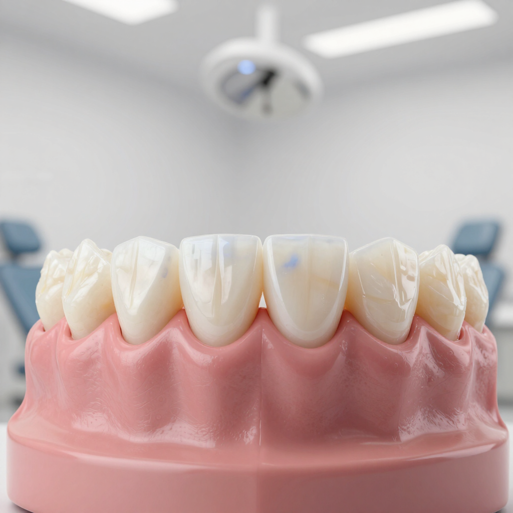 Modelo dental de dientes superiores sobre encías rosadas en un entorno clínico.