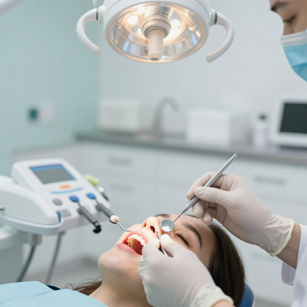 Dentista examinando la boca de un paciente en una clínica dental luminosa con luz cenital y herramientas.