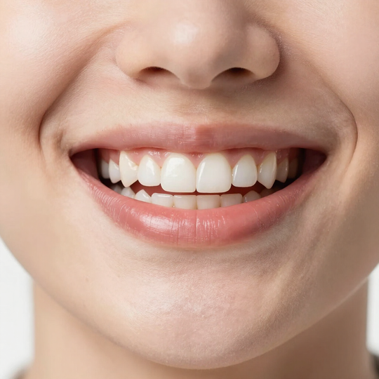 Primer plano de una boca sonriente que muestra dientes blancos y labios rosados.
