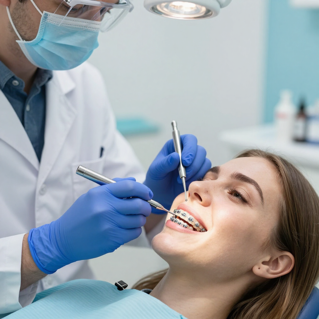 Dentista examinando los aparatos de ortodoncia de un paciente sonriente en una luminosa clínica dental.