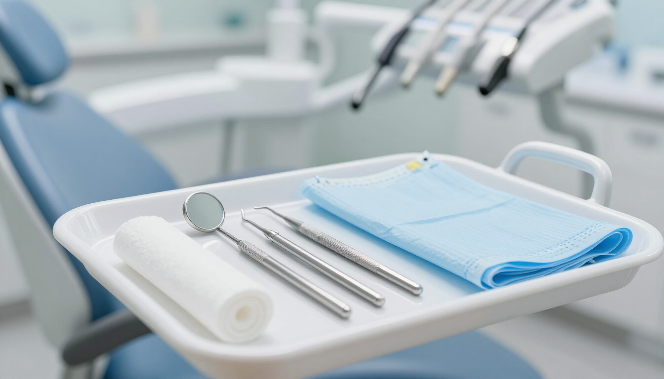 Instrumentos dentales y babero azul en una bandeja en una clínica dental.