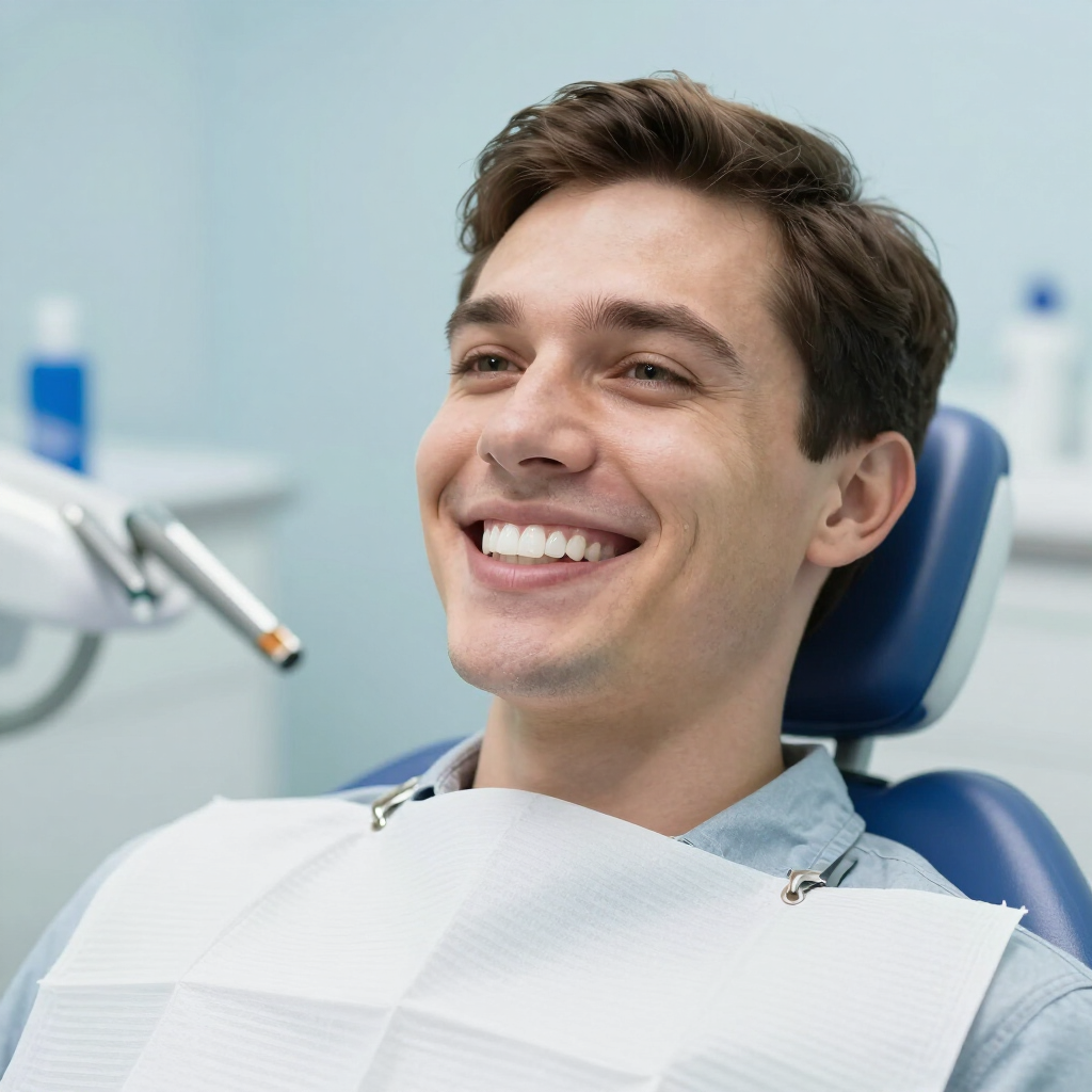 Paciente dental sonriente recostado en una silla con babero, en una clínica luminosa.