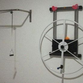 En una habitación, una rueda de ejercicios montada en la pared y un marco de metal colgante tienen un pequeño juguete naranja en el estante.
