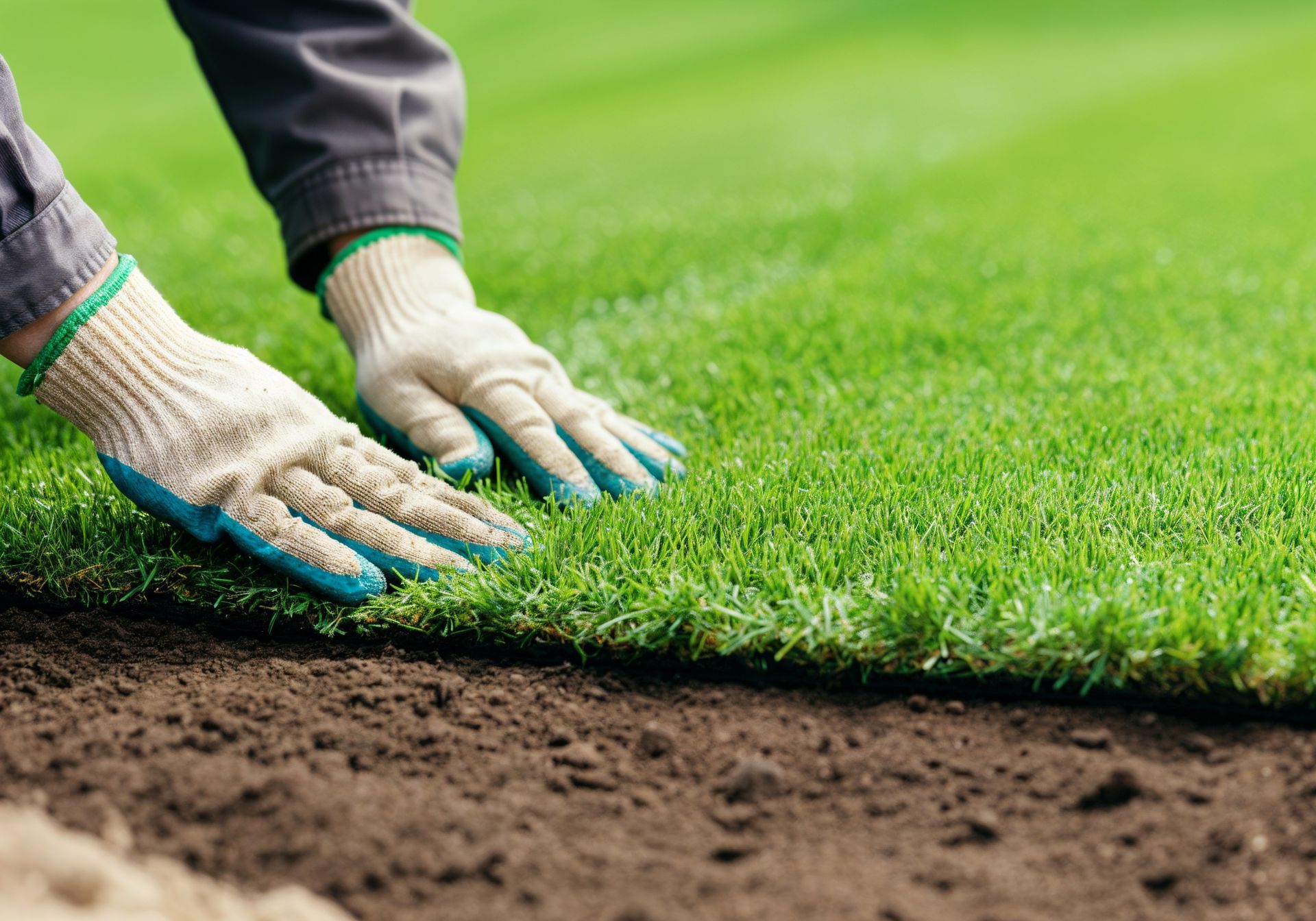 Mains gantés posant du gazon