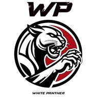 Emblema de pantera blanca y negra con detalles rojos dentro de un c&iacute;rculo negro. "WP" arriba, "PANTERA BLANCA" abajo.
