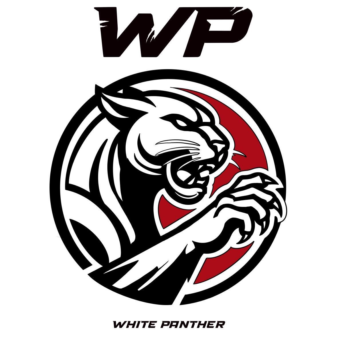 Emblema de pantera blanca y negra con detalles rojos dentro de un c&iacute;rculo negro. "WP" arriba, "PANTERA BLANCA" abajo.