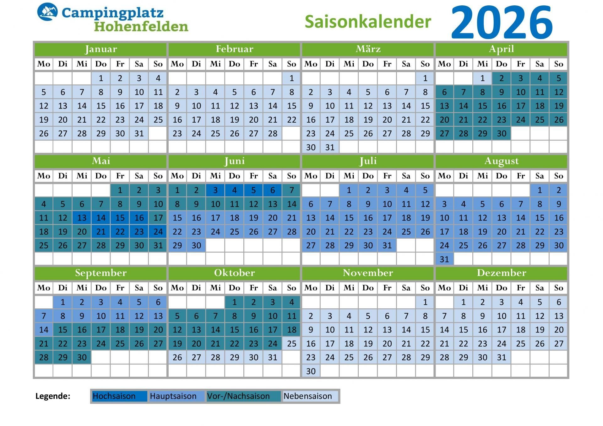 Auf weißem Hintergrund wird ein Kalender für das Jahr 2026 angezeigt