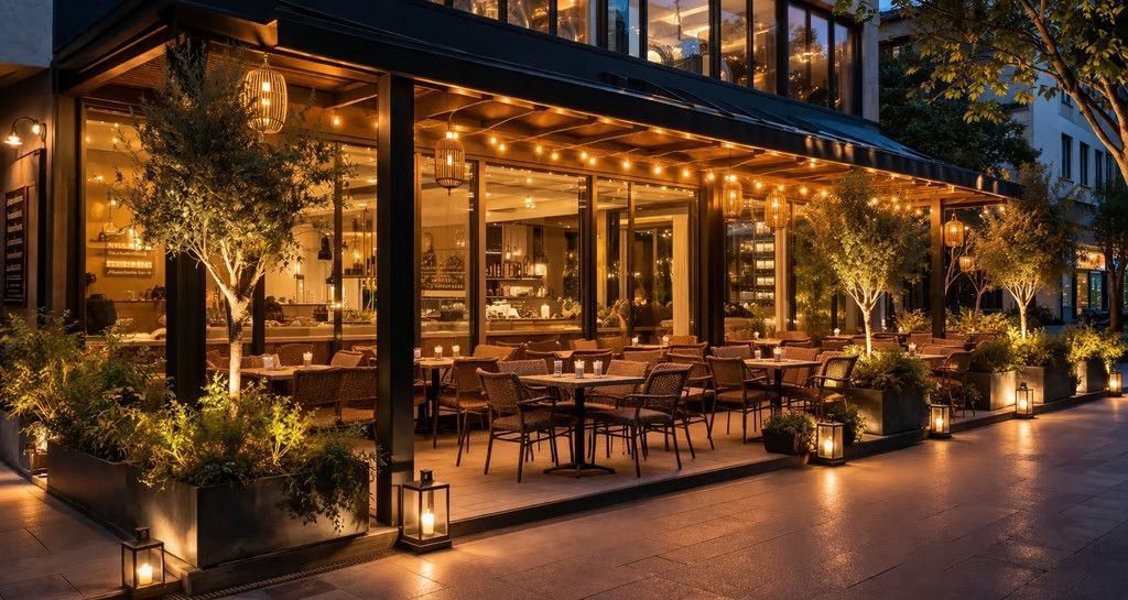 Patio de restaurante al aire libre con iluminación cálida al atardecer, con mesas, guirnaldas de luces y plantas en macetas.