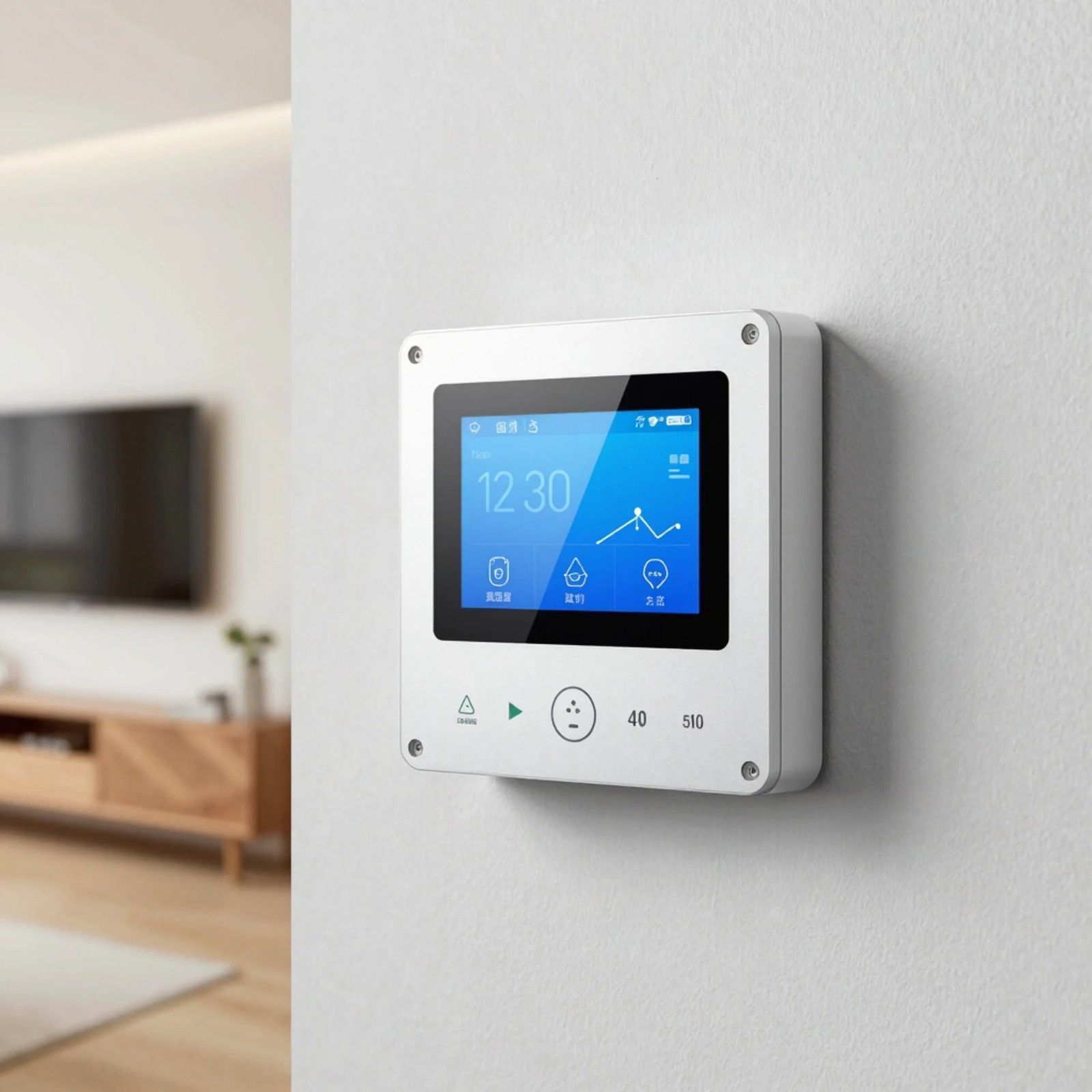 Termostato inteligente blanco de pared con pantalla táctil azul en una sala de estar moderna.