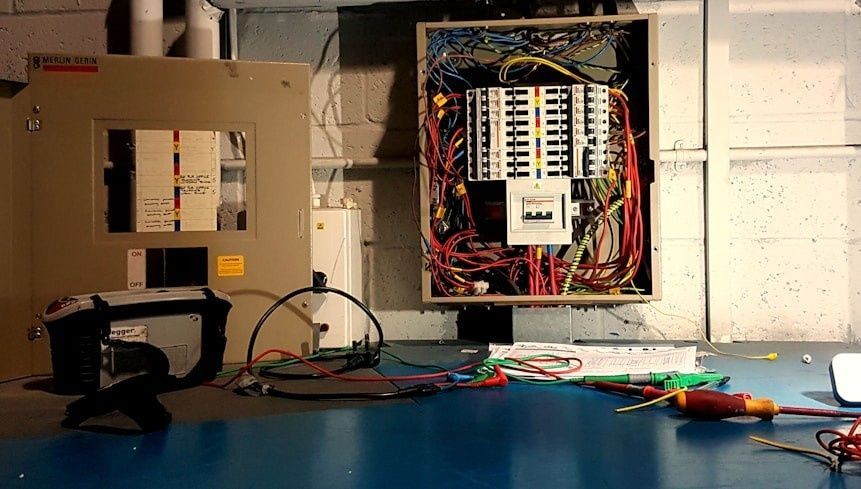 Panel eléctrico con cableado expuesto montado en la pared encima de un banco de trabajo azul en un taller.
