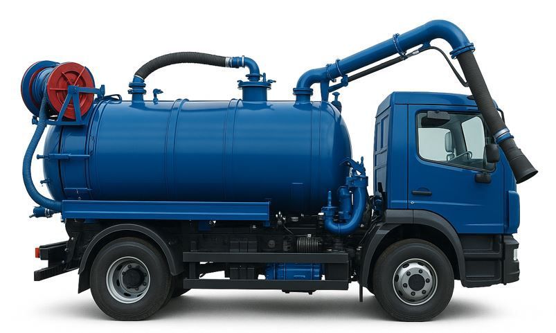 Camión de vacío azul, con un gran tanque y manguera, probablemente utilizado para la eliminación de residuos.