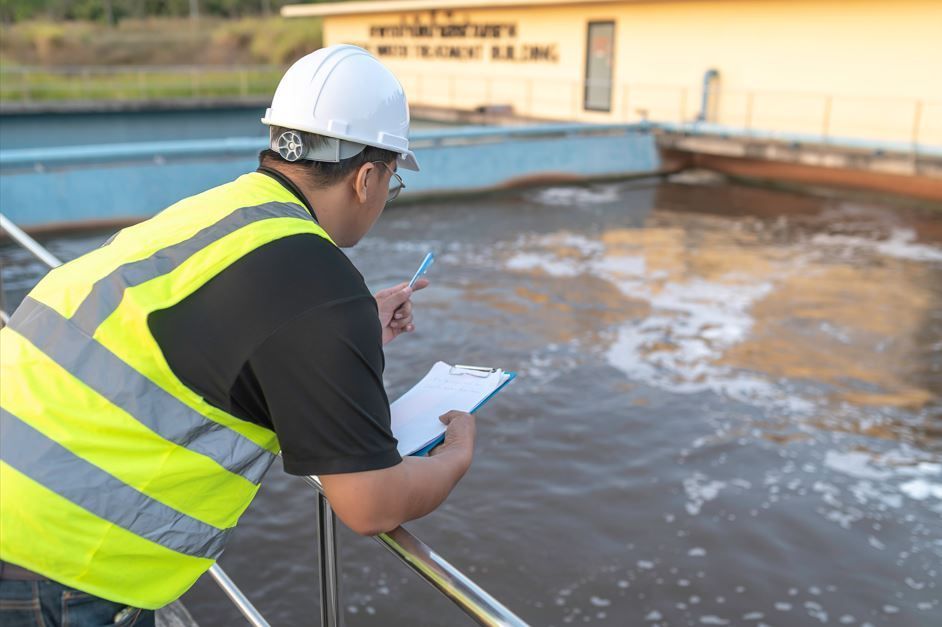 Persona con chaleco de seguridad y casco inspeccionando el agua en una planta de tratamiento, tomando notas.