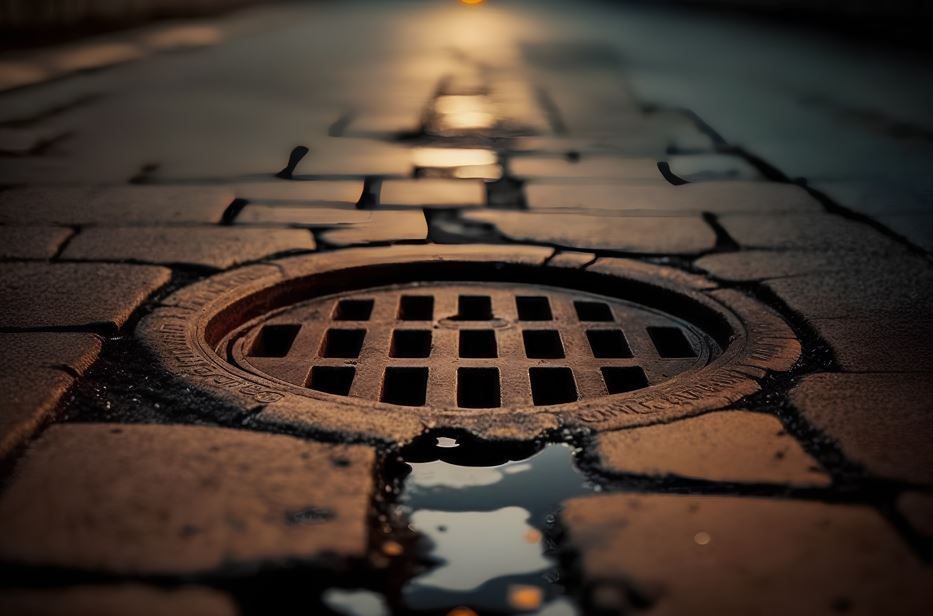 Una alcantarilla oxidada en una calle adoquinada, un charco de agua cerca, iluminado por una luz cenital.