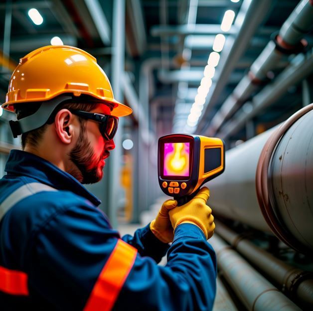 Un trabajador con equipo de seguridad utiliza una cámara térmica en tuberías industriales, buscando anomalías térmicas.
