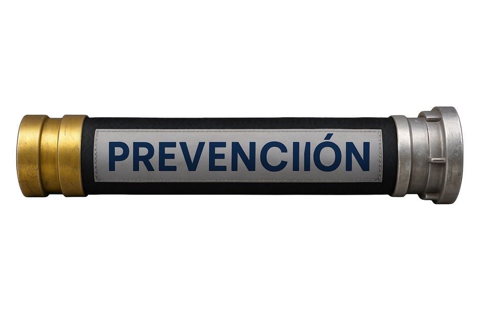 Manguera negra con accesorios plateados y de latón, la palabra 