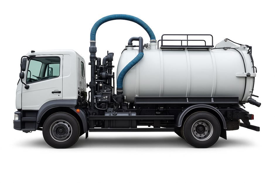 Camión de vacío blanco con un gran tanque, estacionado sobre una superficie.