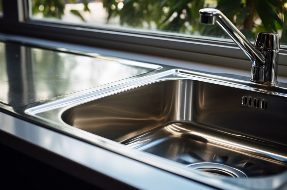 Fregadero de cocina de acero inoxidable con grifo, cerca de una ventana.