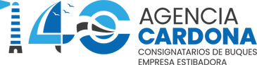 Logotipo de Agencia Cardona, agencia naviera, con un faro, un velero y la letra "C".