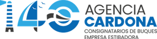 Logotipo de Agencia Cardona, agencia naviera, con un faro, un velero y la letra "C".