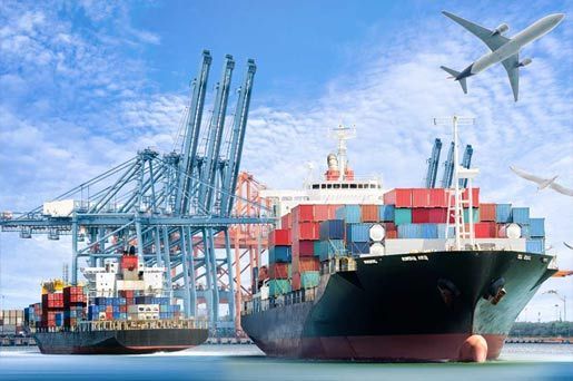 Buques de carga en un puerto con contenedores, grúas, un avión y un cielo azul brillante.