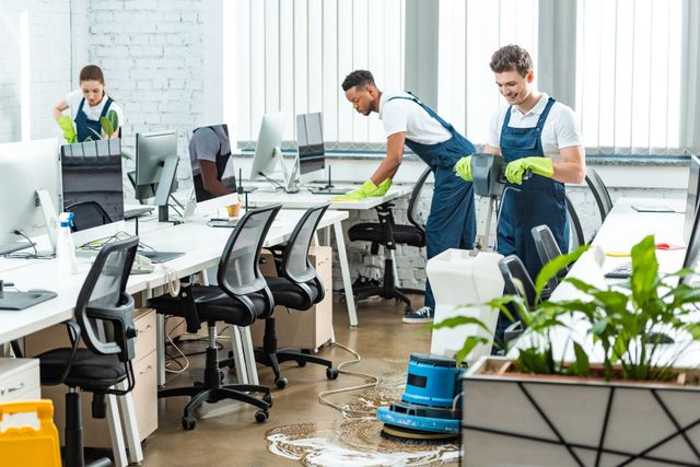 Reinigungskräfte wischen einen Büroboden, in dessen Nähe sich Schreibtische, Stühle und Computermonitore befinden.