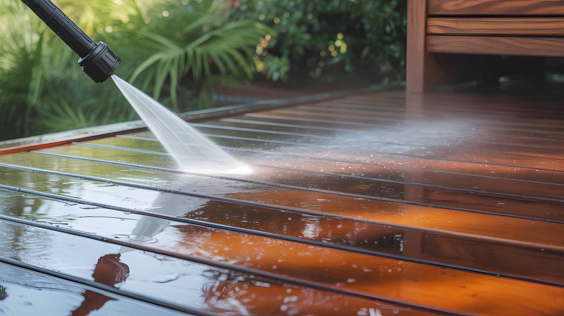 Nettoyeur à haute pression arrosant une terrasse en bois mouillée à l'extérieur