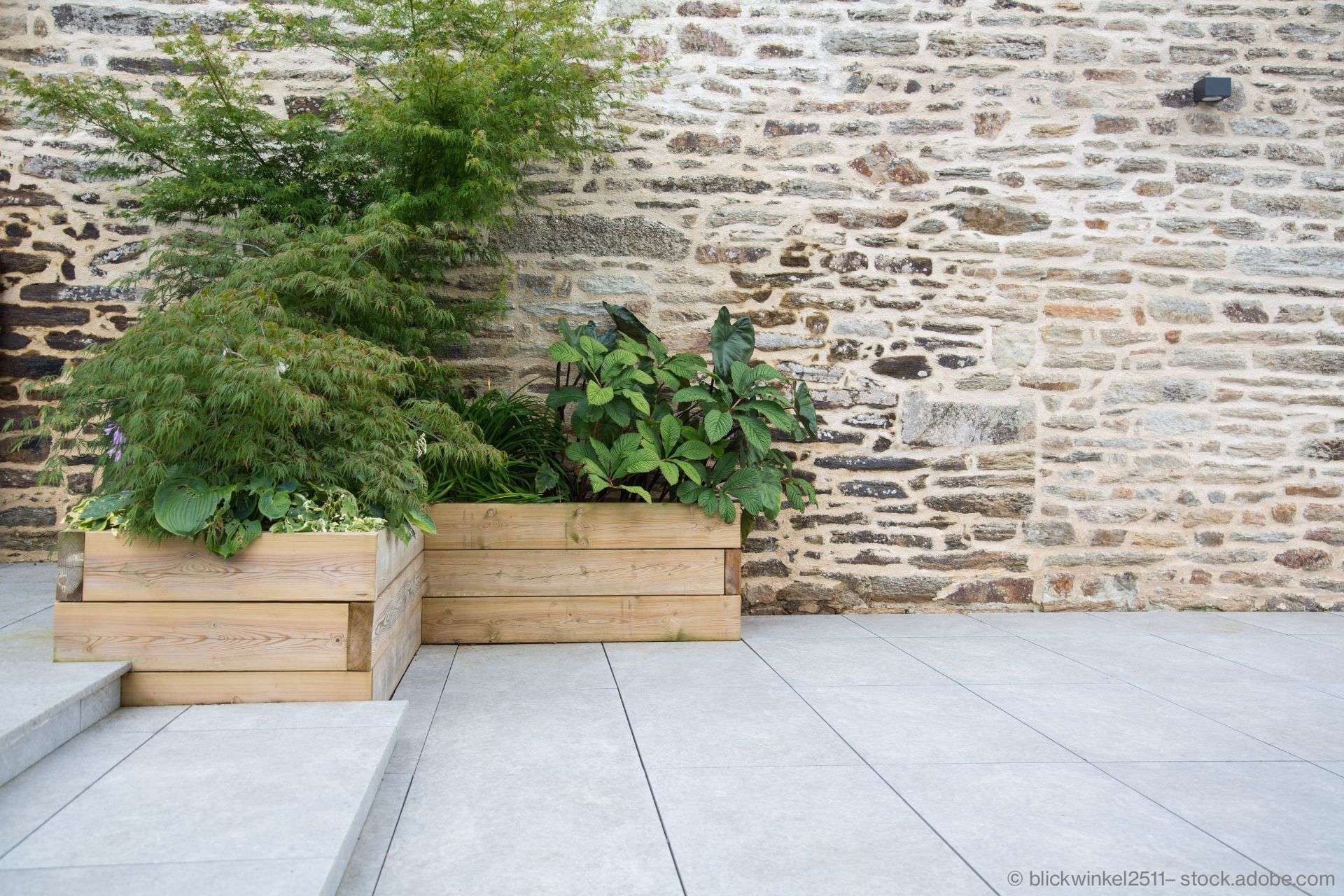 Moderne Pflanzkübel mit grünen Pflanzen vor Natursteinmauer