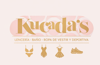Logotipo de Kucada's: texto dorado sobre fondo rosa. Venta de lencer&iacute;a, trajes de ba&ntilde;o y ropa deportiva, con iconos de art&iacute;culos relacionados.