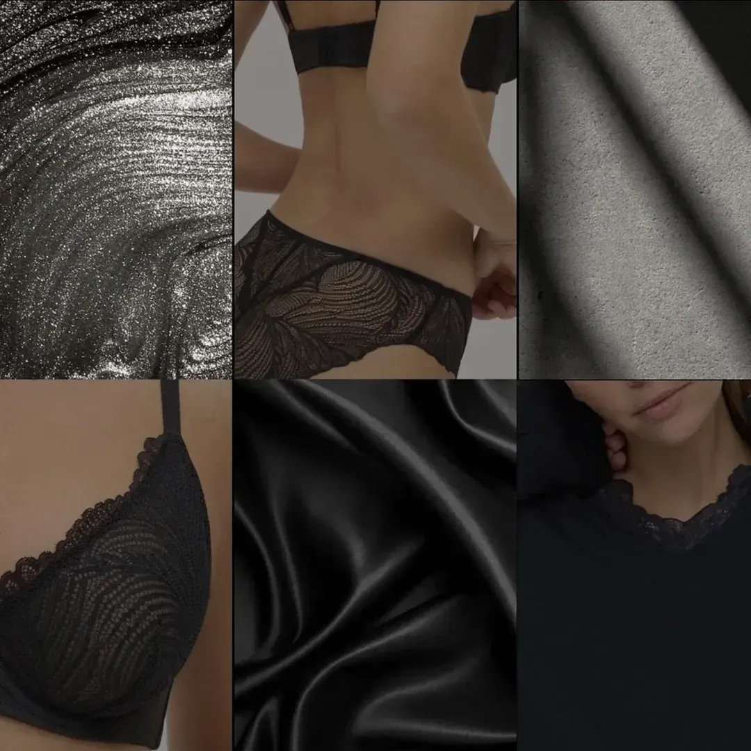 Lencería negra en varios estilos y texturas: encaje, seda y una figura modelándolas.