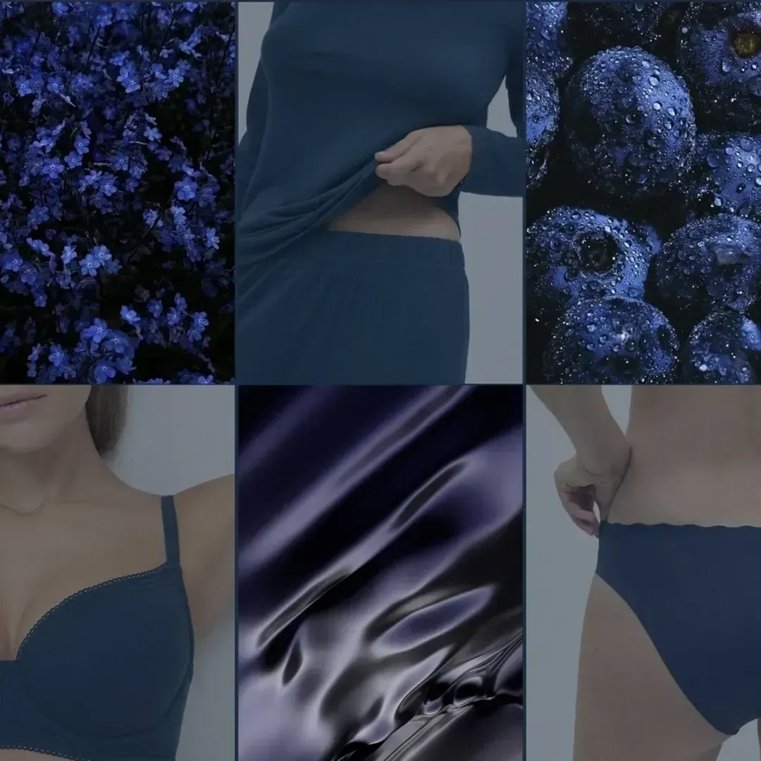 Collage que muestra el color azul: mármol, ropa de una persona, arándanos, lencería, tela ondulada, ropa interior.