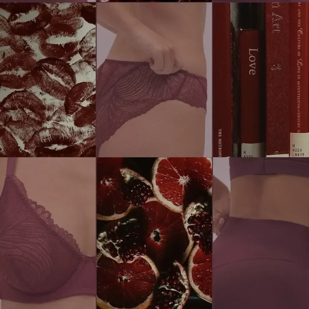 Collage con estampados de labiales color burdeos, lencería, libros y frutas cítricas.