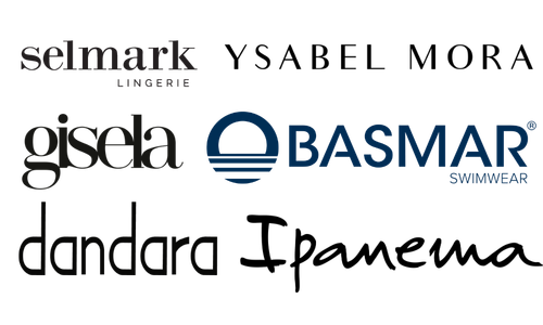 Logotipos para marcas de lencería y trajes de baño: Selmark, Ysabel Mora, Gisela, Basmar, Dandara, Ipanema.